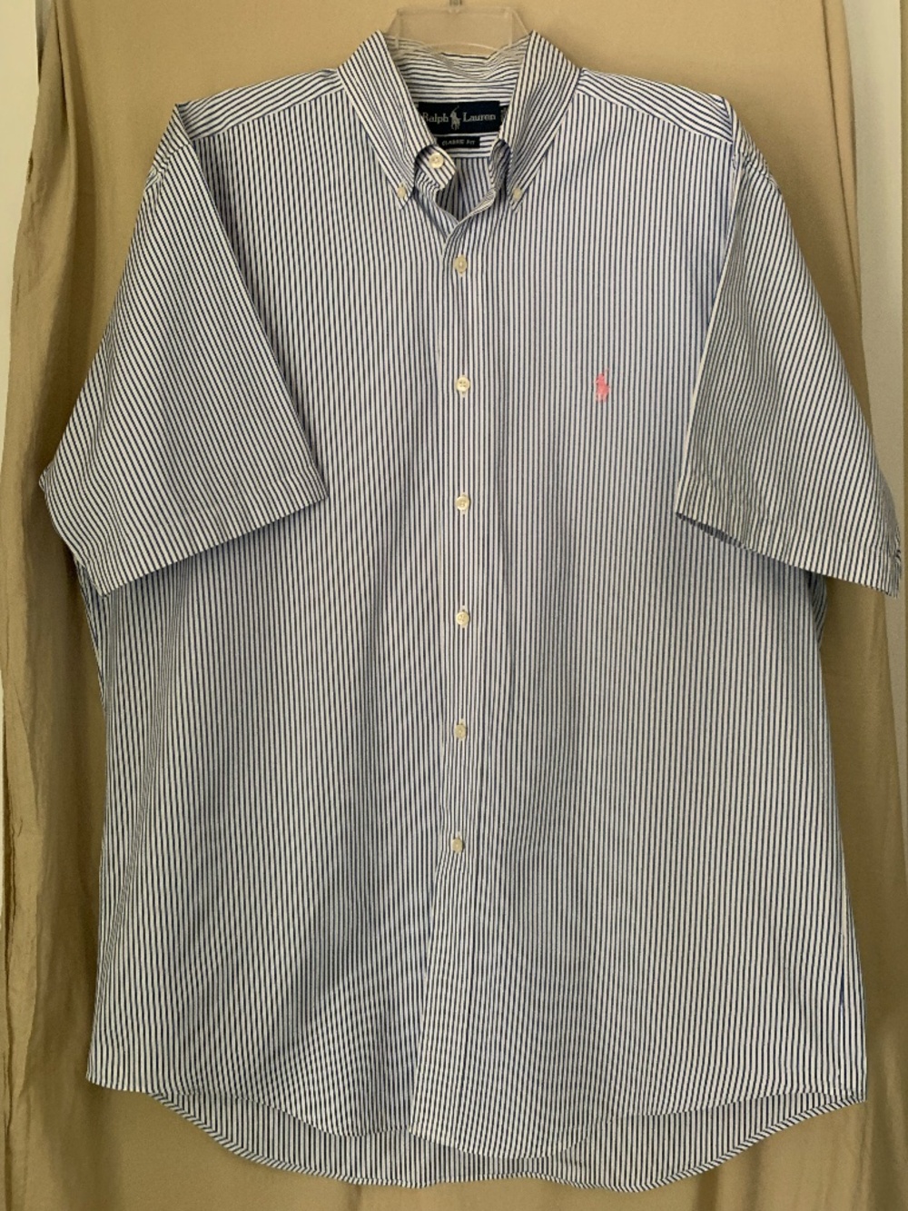 Ralph Lauren blue stripe button down short sleeve shirt